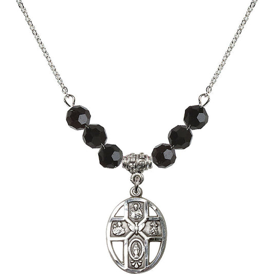 Sterling Silver 5-Way / Holy Spirit Birthstone Necklace with Jet Beads - 0880