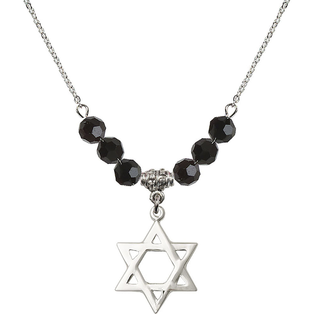 Sterling Silver Star of David Birthstone Necklace with Jet Beads - 1210