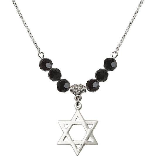 Sterling Silver Star of David Birthstone Necklace with Jet Beads - 1210