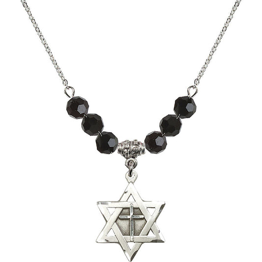 Sterling Silver Star of David w/ Cross Birthstone Necklace with Jet Beads - 1210