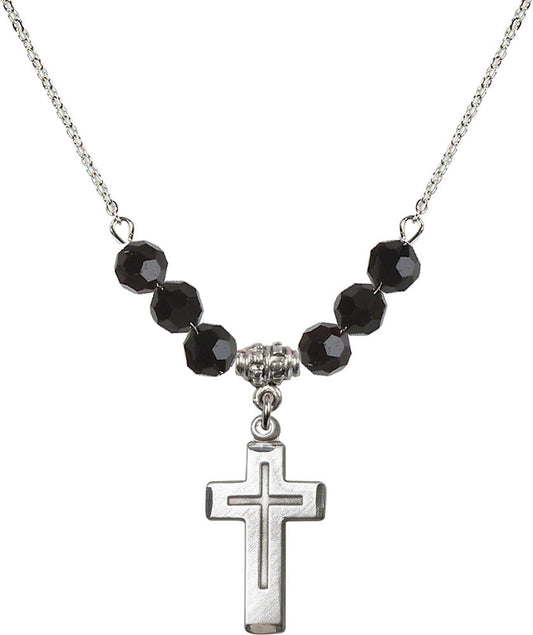 Sterling Silver Cross Birthstone Necklace with Jet Beads - 1529