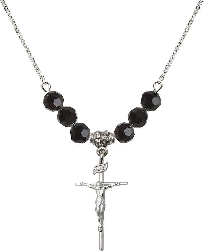 Sterling Silver Crucifix Birthstone Necklace with Jet Beads - 1535