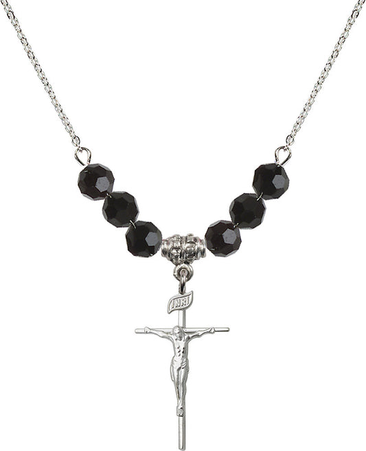 Sterling Silver Crucifix Birthstone Necklace with Jet Beads - 1535