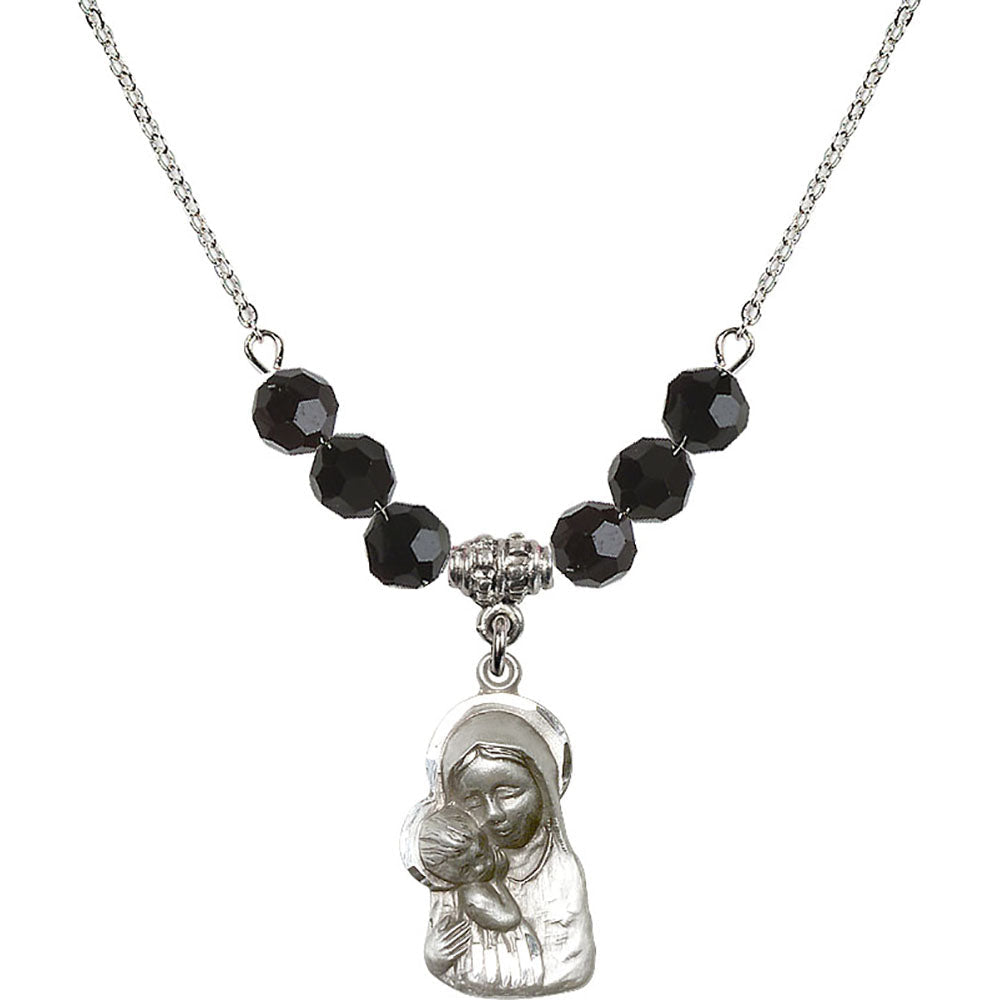 Sterling Silver Madonna & Child Birthstone Necklace with Jet Beads - 1612