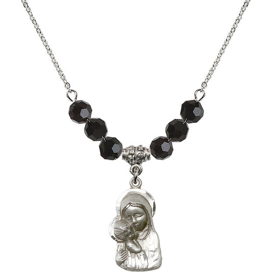 Sterling Silver Madonna & Child Birthstone Necklace with Jet Beads - 1612