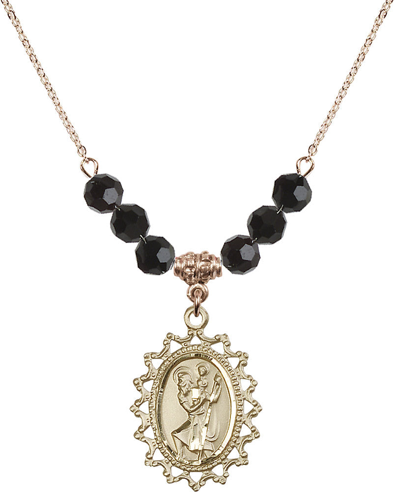 14kt Gold Filled Saint Christopher Birthstone Necklace with Jet Beads - 1619