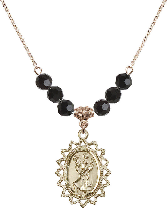 14kt Gold Filled Saint Christopher Birthstone Necklace with Jet Beads - 1619