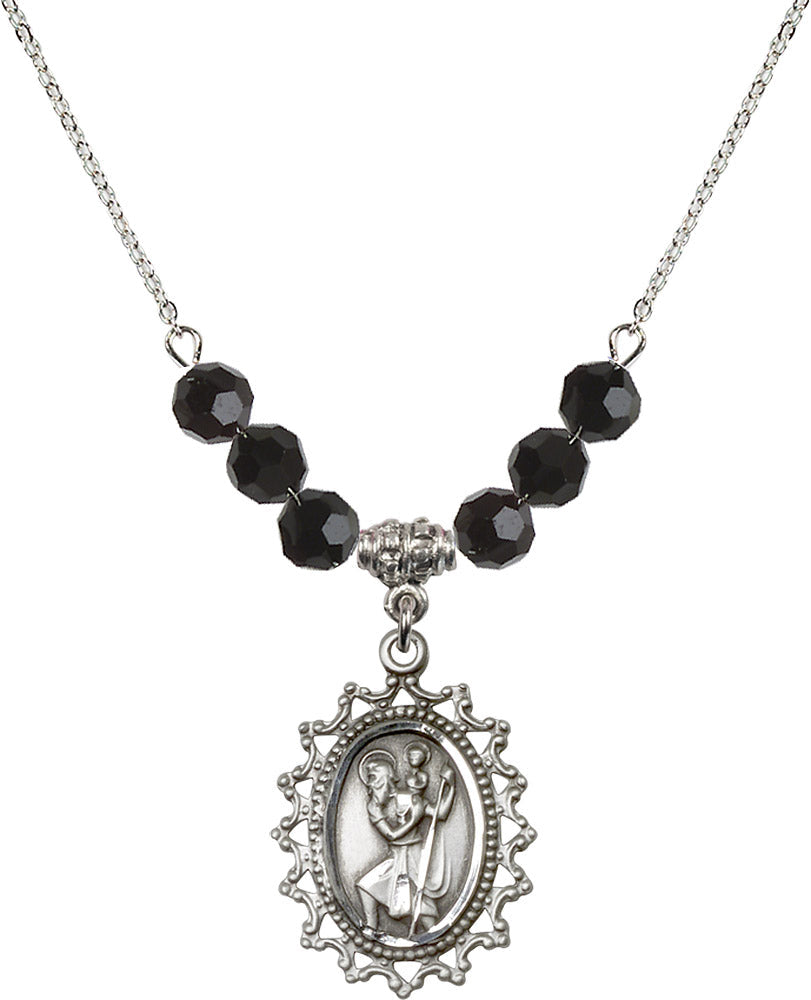 Sterling Silver Saint Christopher Birthstone Necklace with Jet Beads - 1619