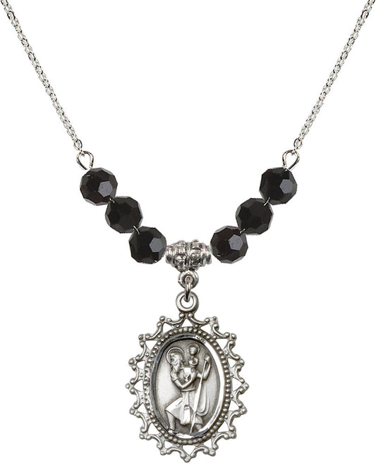 Sterling Silver Saint Christopher Birthstone Necklace with Jet Beads - 1619
