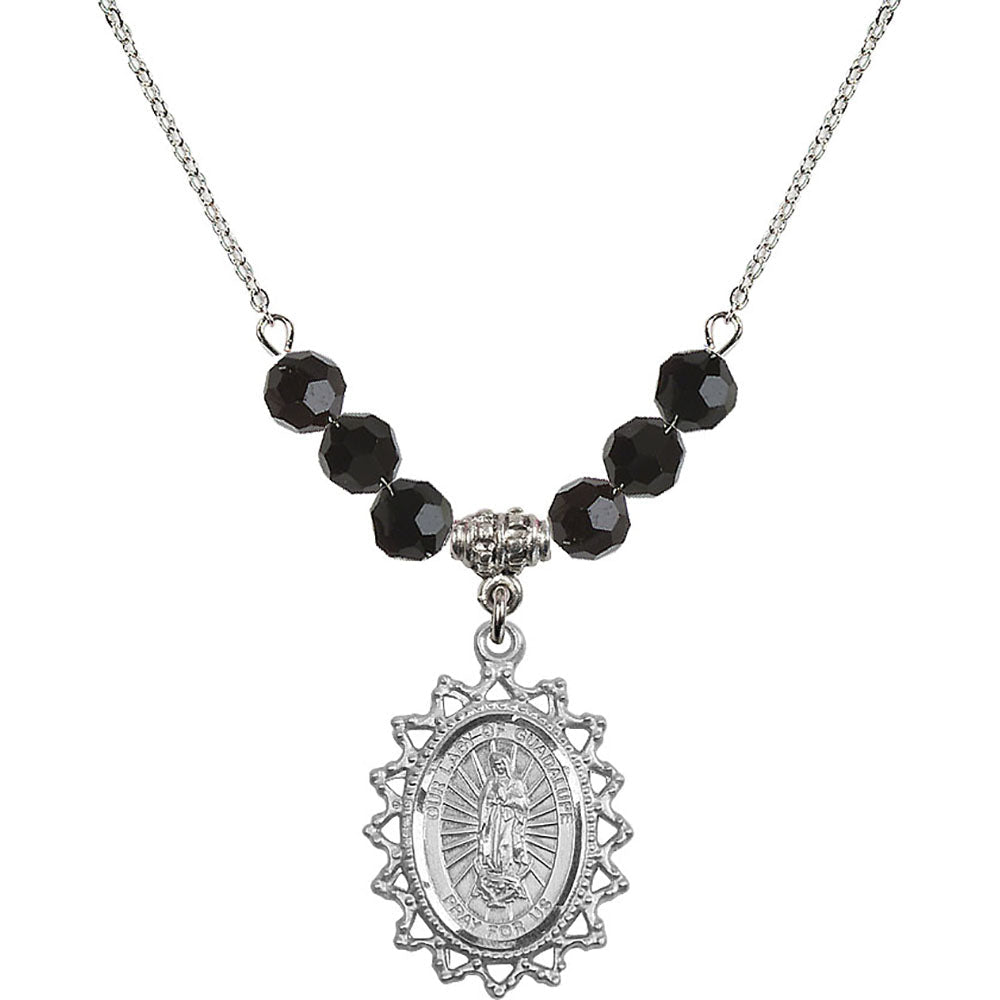Sterling Silver Our Lady of Guadalupe Birthstone Necklace with Jet Beads - 1619