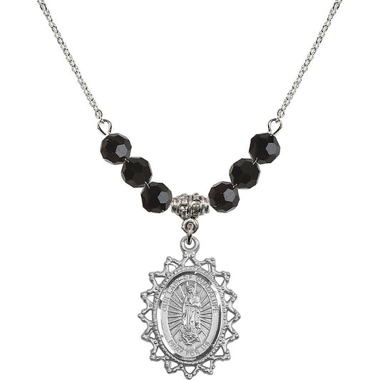 Sterling Silver Our Lady of Guadalupe Birthstone Necklace with Jet Beads - 1619