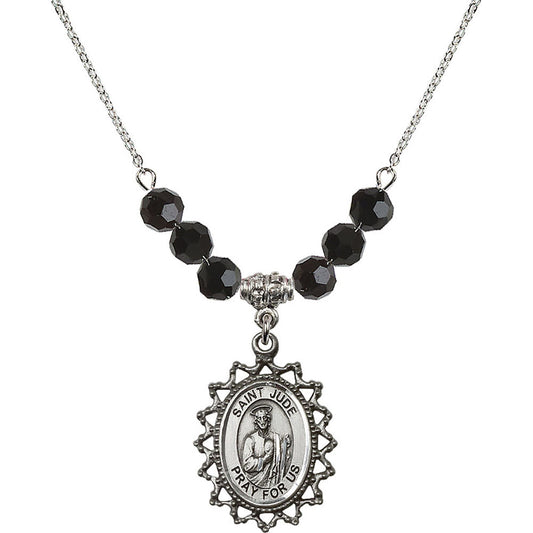 Sterling Silver Saint Jude Birthstone Necklace with Jet Beads - 1619