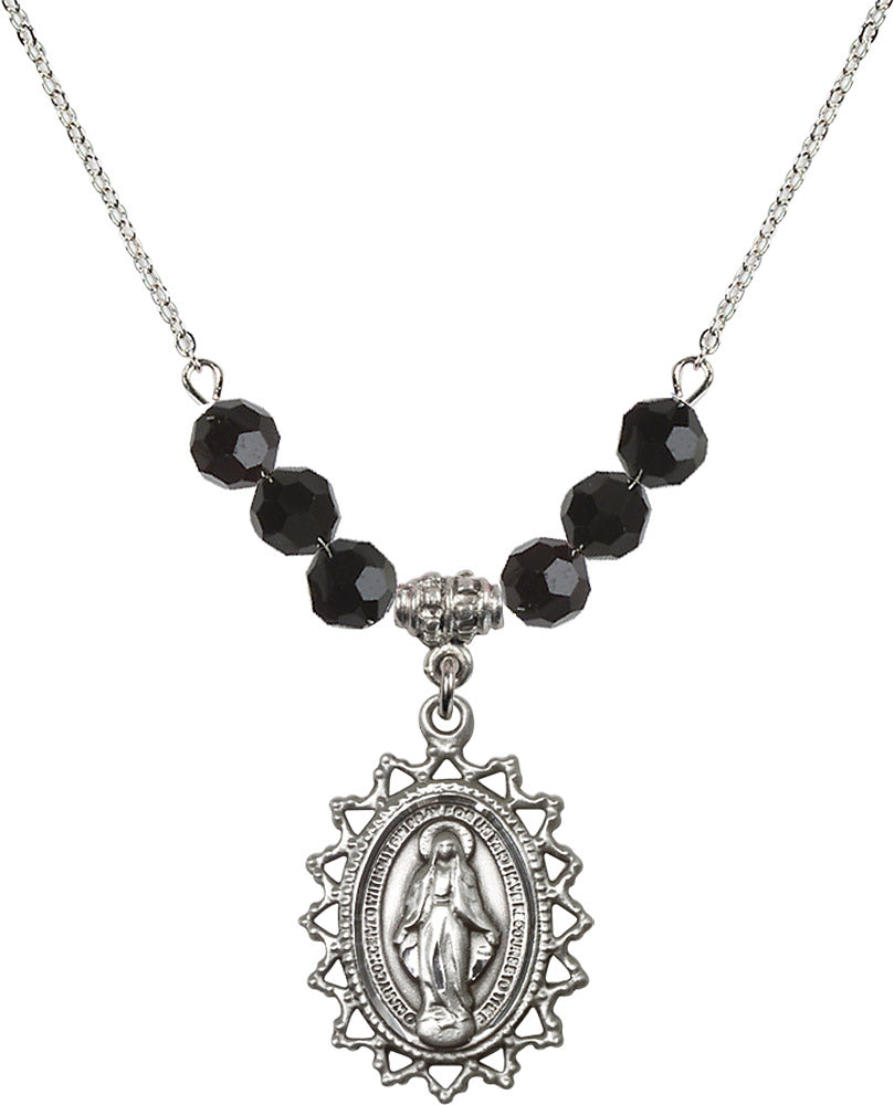 Sterling Silver Miraculous Birthstone Necklace with Jet Beads - 1619
