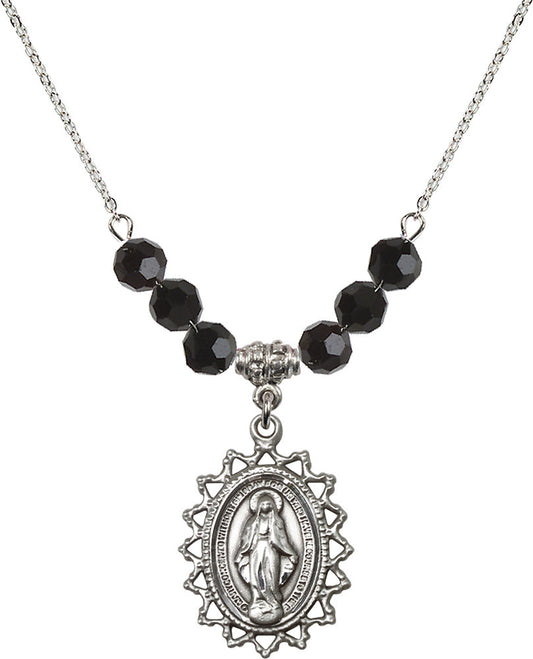 Sterling Silver Miraculous Birthstone Necklace with Jet Beads - 1619