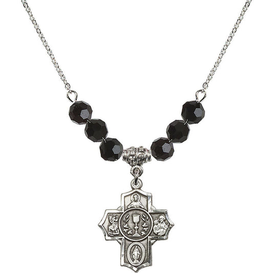 Sterling Silver Communion/5-Way Birthstone Necklace with Jet Beads - 2004