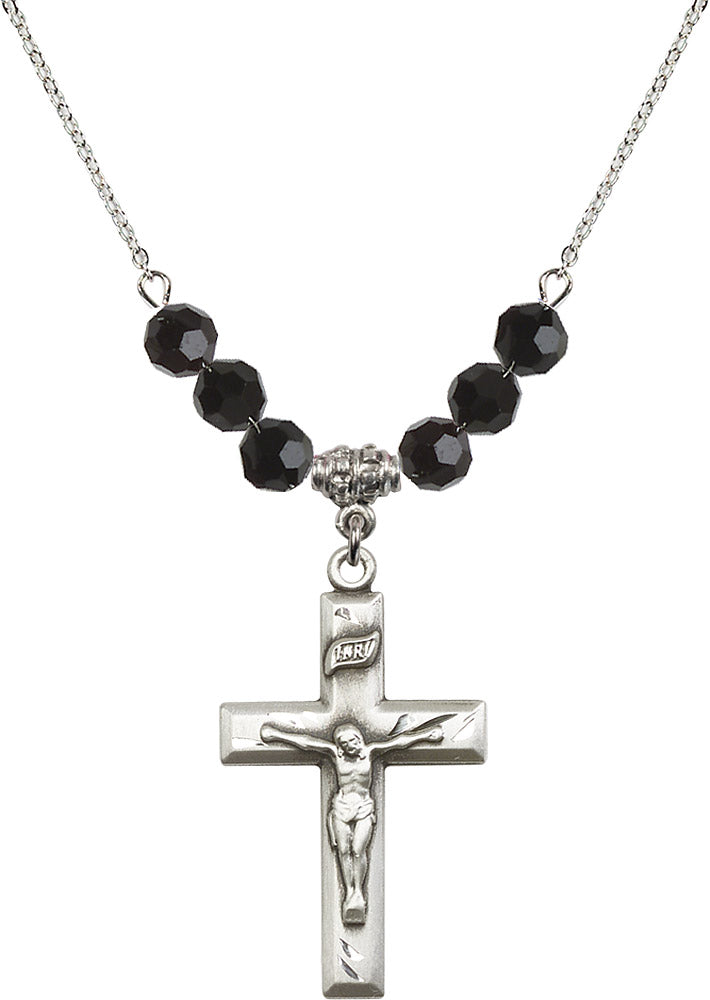 Sterling Silver Crucifix Birthstone Necklace with Jet Beads - 2186