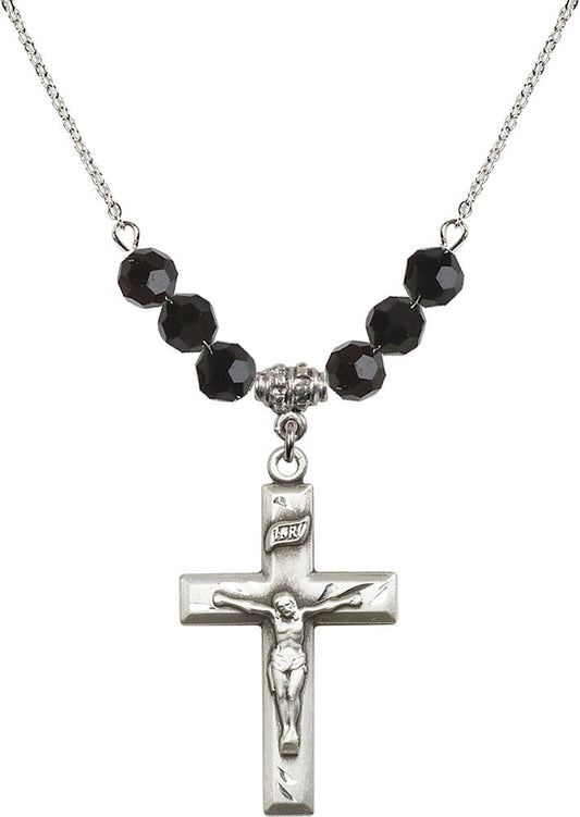 Sterling Silver Crucifix Birthstone Necklace with Jet Beads - 2186