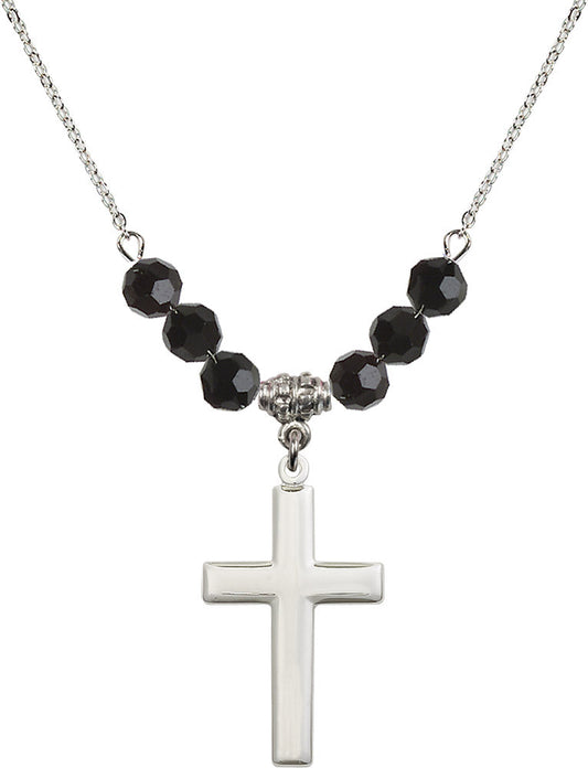 Sterling Silver Cross Birthstone Necklace with Jet Beads - 2190