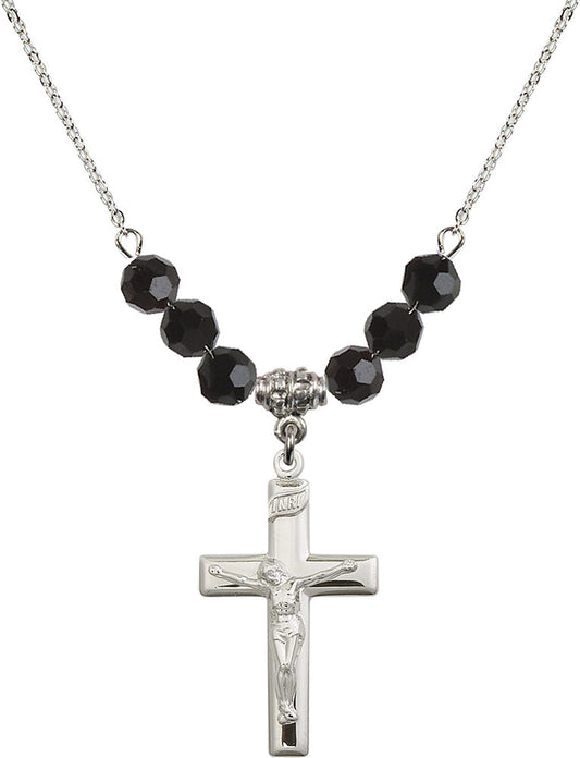 Sterling Silver Crucifix Birthstone Necklace with Jet Beads - 2191