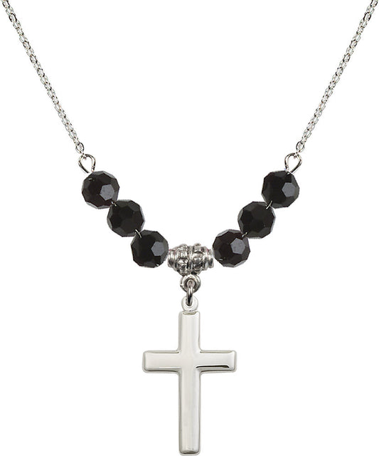 Sterling Silver Cross Birthstone Necklace with Jet Beads - 2195