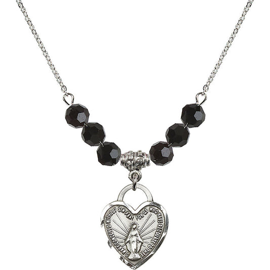 Sterling Silver Miraculous Heart Birthstone Necklace with Jet Beads - 3201