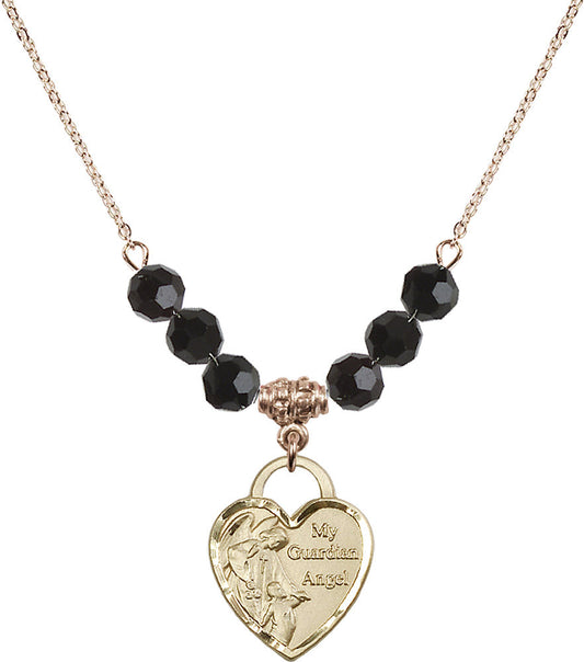 14kt Gold Filled Guardian Angel Heart Birthstone Necklace with Jet Beads - 3202
