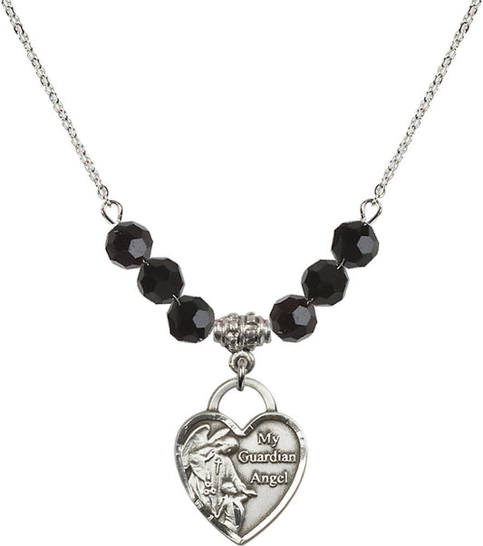 Sterling Silver Guardian Angel Heart Birthstone Necklace with Jet Beads - 3202