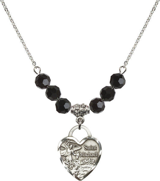 Sterling Silver Saint Michael the Archangel Birthstone Necklace with Jet Beads - 3203