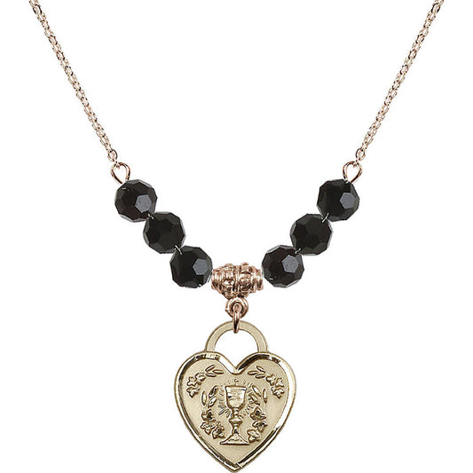 14kt Gold Filled Communion Heart Birthstone Necklace with Jet Beads - 3204