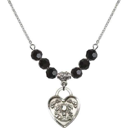 Sterling Silver Communion Heart Birthstone Necklace with Jet Beads - 3204