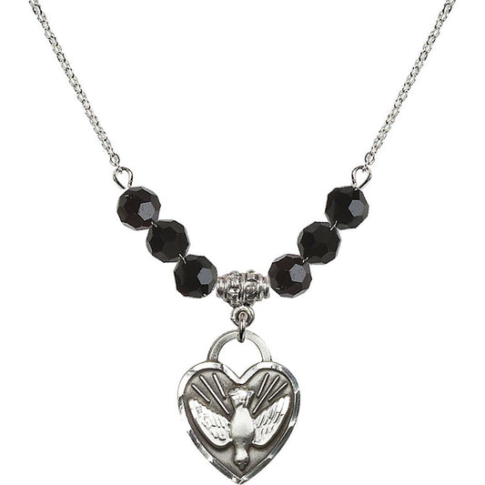 Sterling Silver Confirmation Heart Birthstone Necklace with Jet Beads - 3205