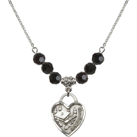 Sterling Silver Graduation Heart Birthstone Necklace with Jet Beads - 3206