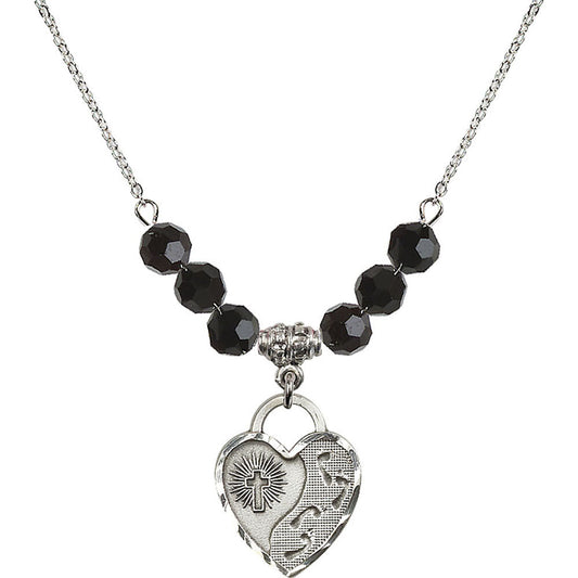 Sterling Silver Footprints Heart Birthstone Necklace with Jet Beads - 3207
