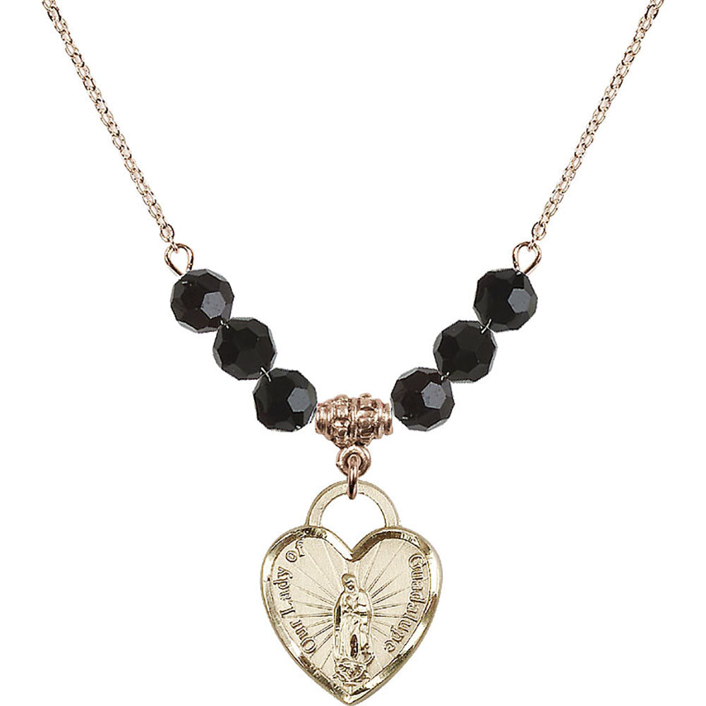 14kt Gold Filled Our Lady of Guadalupe Heart / Recuerdo Birthstone Necklace with Jet Beads - 3209