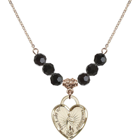 14kt Gold Filled Our Lady of Guadalupe Heart / Recuerdo Birthstone Necklace with Jet Beads - 3209