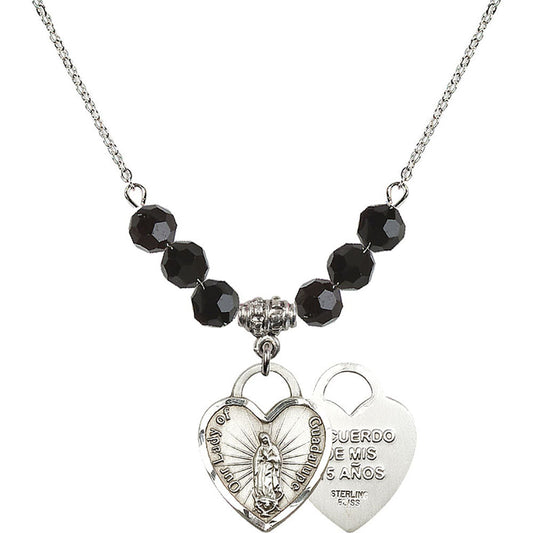 Sterling Silver Our Lady of Guadalupe Heart / Recuerdo Birthstone Necklace with Jet Beads - 3209