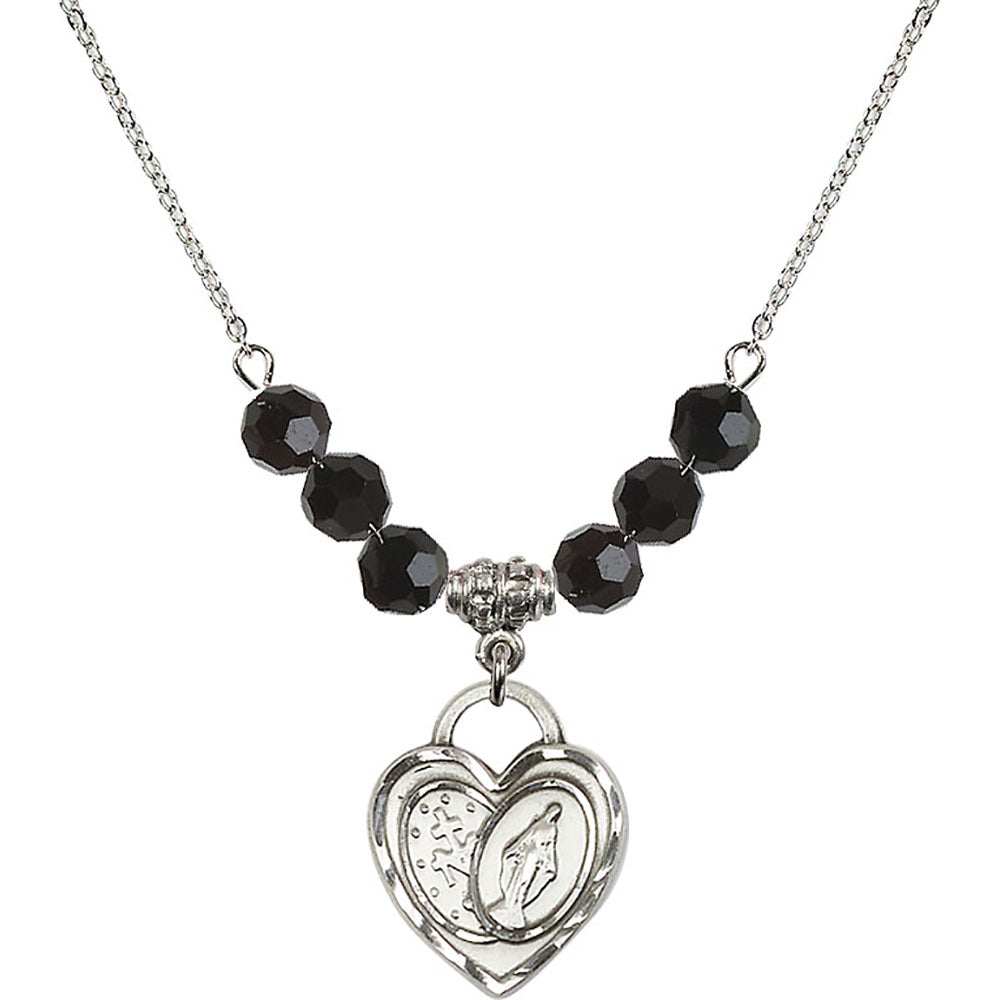 Sterling Silver Miraculous Heart Birthstone Necklace with Jet Beads - 3212