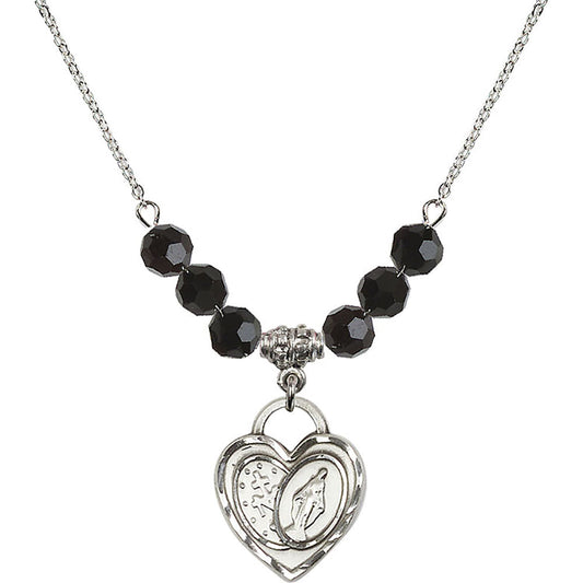 Sterling Silver Miraculous Heart Birthstone Necklace with Jet Beads - 3212