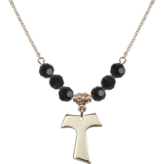 14kt Gold Filled Tau Cross Birthstone Necklace with Jet Beads - 3948