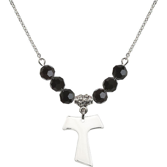 Sterling Silver Tau Cross Birthstone Necklace with Jet Beads - 3948