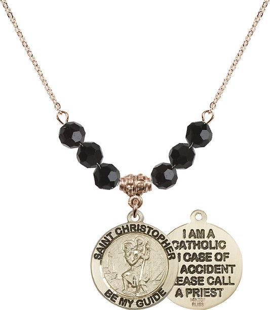 14kt Gold Filled Saint Christopher Birthstone Necklace with Jet Beads - 4049