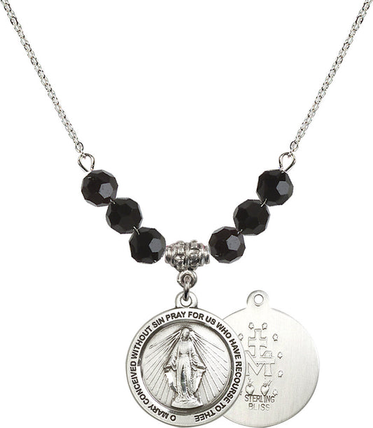 Sterling Silver Miraculous Birthstone Necklace with Jet Beads - 4056