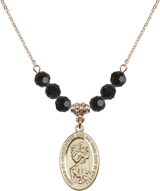 14kt Gold Filled Saint Christopher Birthstone Necklace with Jet Beads - 4123