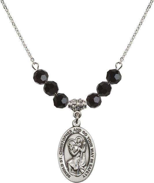 Sterling Silver Saint Christopher Birthstone Necklace with Jet Beads - 4123