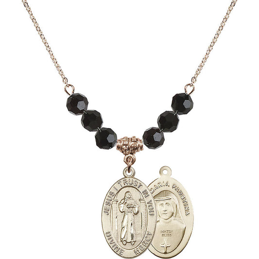 14kt Gold Filled Divine Mercy Birthstone Necklace with Jet Beads - 4123