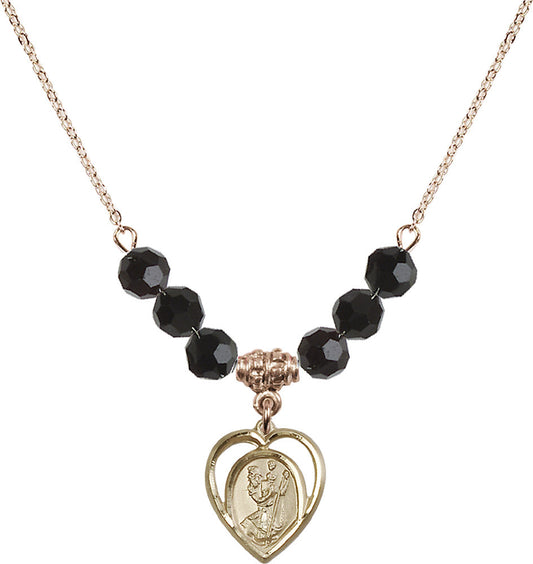 14kt Gold Filled Saint Christopher Birthstone Necklace with Jet Beads - 4127