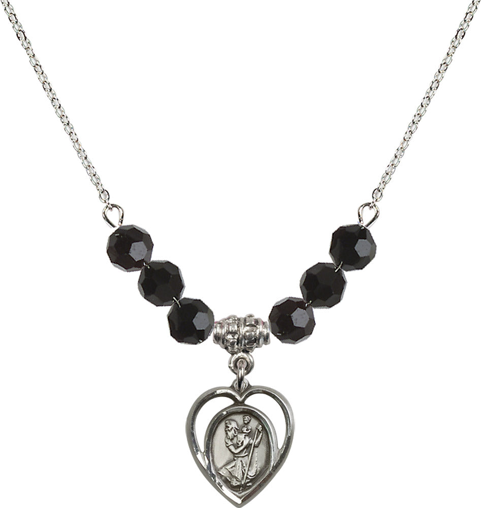 Sterling Silver Saint Christopher Birthstone Necklace with Jet Beads - 4127