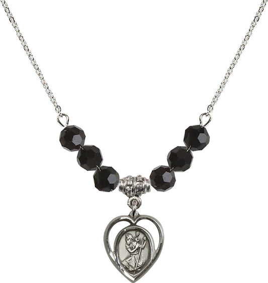 Sterling Silver Saint Christopher Birthstone Necklace with Jet Beads - 4127