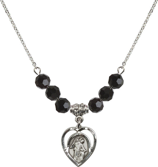 Sterling Silver Guardian Angel Birthstone Necklace with Jet Beads - 4129