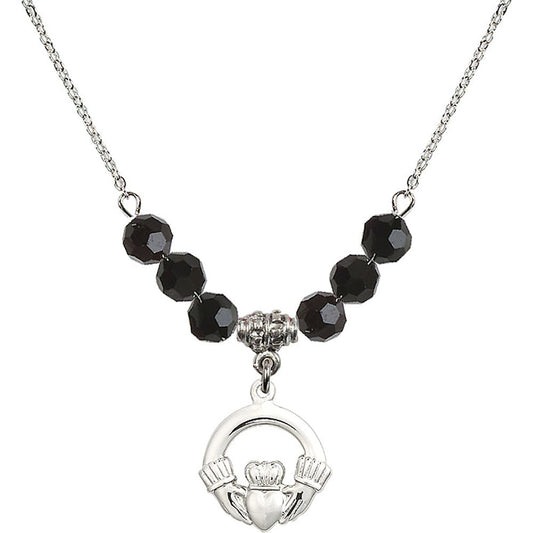 Sterling Silver Claddagh Birthstone Necklace with Jet Beads - 4138